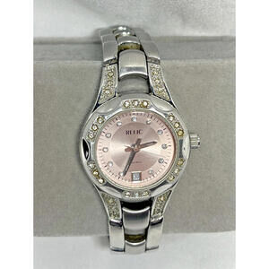 Relic by Fossil Ladies Date Watch ZR11762 Pink Dial Gem Set Bezel NEW Battery